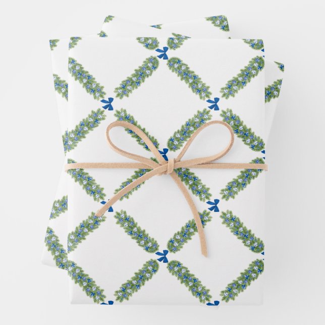 Christmas Trellis Blue Bow  Wrapping Paper Sheet (In situ)