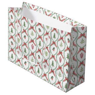 Christmas trellis red bows ornaments & foliage large gift bag