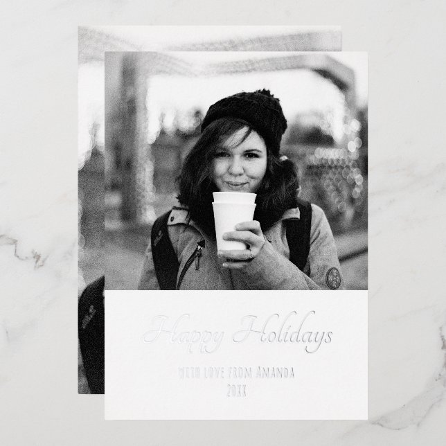 Christmas Trendy Script Two Side Photo Foil Holiday Card (Front/Back)
