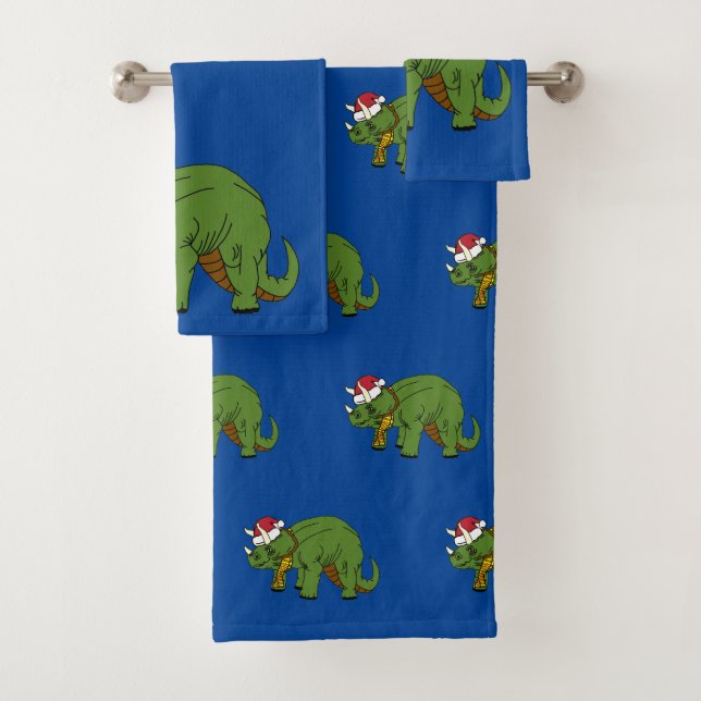 Christmas Triceratops Dinosaur Bath Towel Set (Insitu)