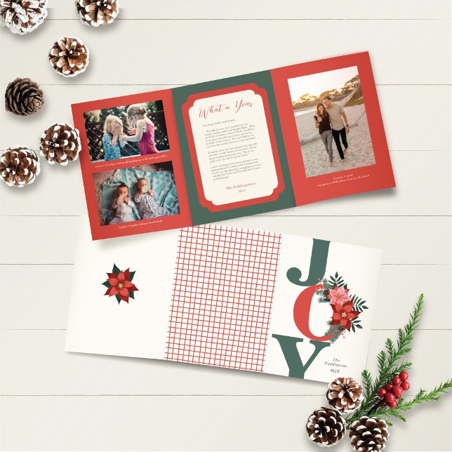 Christmas Trifold Photo Red Green Joy Floral (Creator Uploaded)