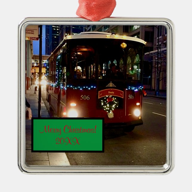 Christmas Trolley In Chicago Metal Ornament (Front)