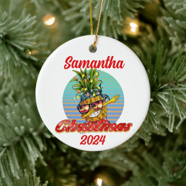 Christmas Tropical Beach Dabbing Pineapple Ceramic Ornament (Tree)