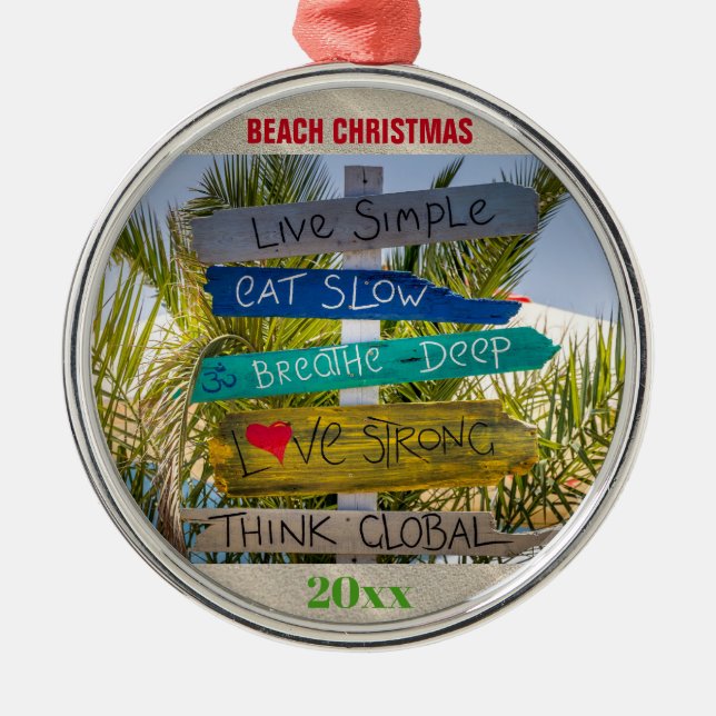 Christmas Tropical Beach Inspirational Custom Metal Ornament (Front)