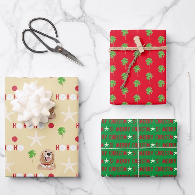 Christmas Tropical Dog Wrapping Paper Set of 3 (Front)
