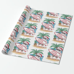 Christmas Tropical Palm Tree Beach Surfing Santa   Wrapping Paper