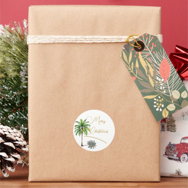 Christmas Tropical Palm Tree Gold Merry  Classic Round Sticker (Holiday)