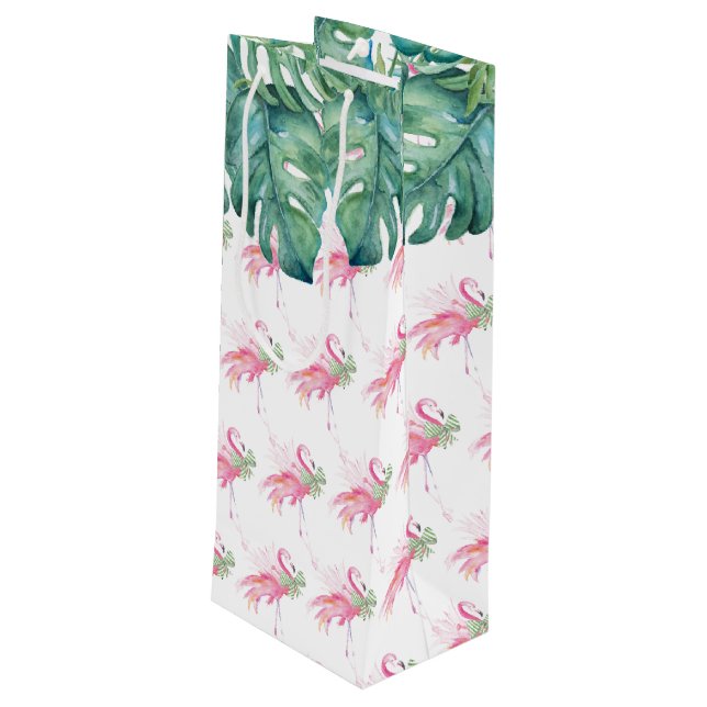 Christmas Tropical Pink Flamingo Wine Gift Bag (Back Angled)