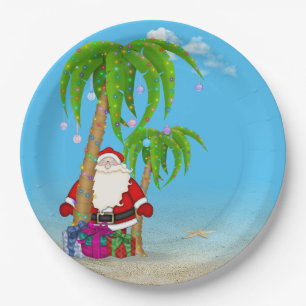 Christmas Tropical Santa Claus with palm trees Paper Plate