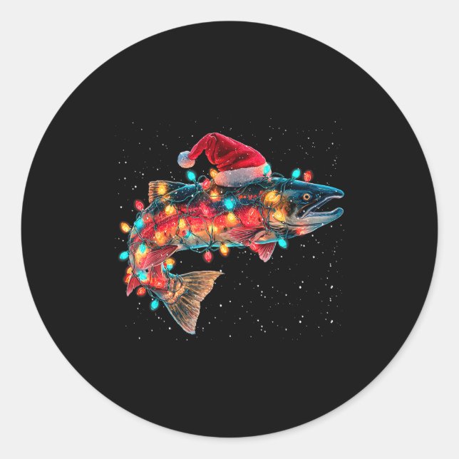 Christmas Trout Fish Funny Fishing Santa Hat Light Classic Round Sticker (Front)