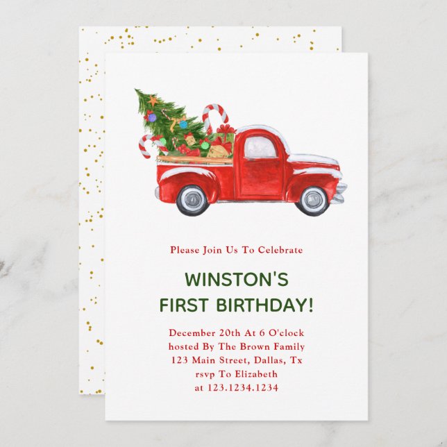 Christmas Truck 1st Birthday Party Invites (Front/Back)