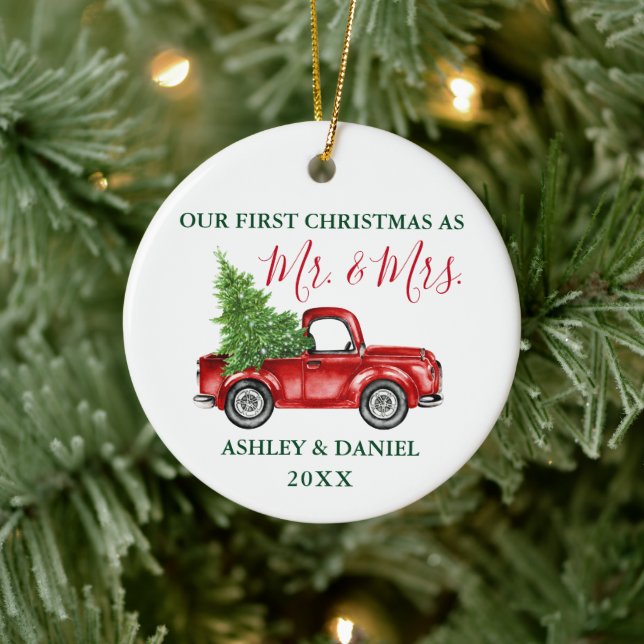 Christmas Truck Calligraphy Mr. Mrs. Red Green Ceramic Ornament (Tree)