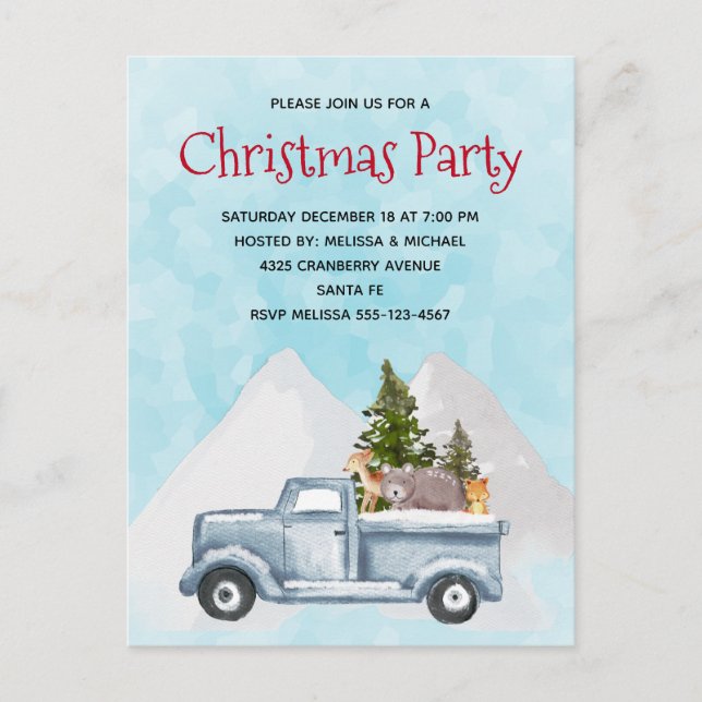 Christmas Truck Carrying Trees & Animals Party Invitation Postcard (Front)