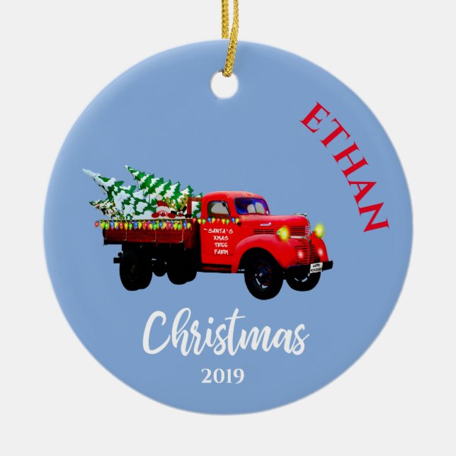 Christmas Truck Cute Christmas Tree Personal Blue Ceramic Ornament (Front)