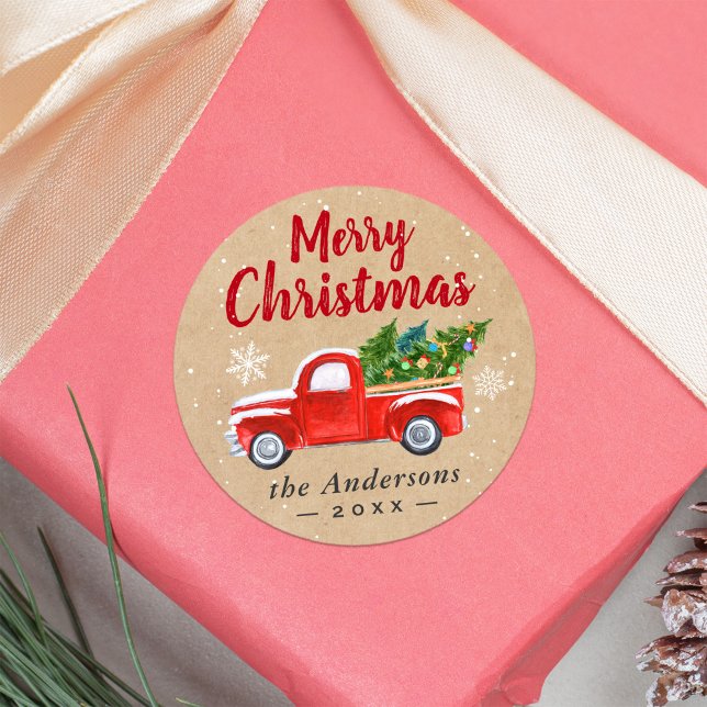 Christmas Truck Trees Snowflakes Merry Christmas Classic Round Sticker (Creator Uploaded)