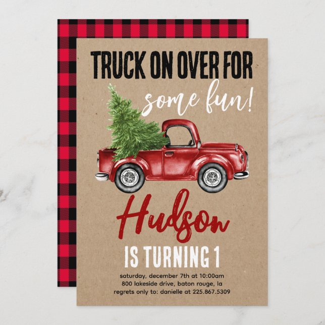 Christmas Truck Winter First Birthday Kraft Invite (Front/Back)