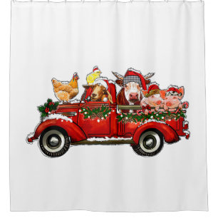christmas truck with farm animals cow pig chicken shower curtain