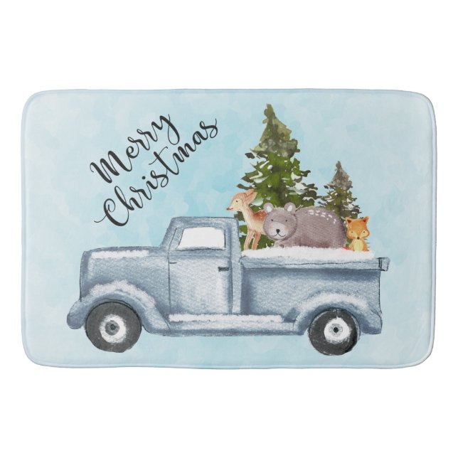 Christmas Truck with Pine Trees & Forest Animals Bath Mat (Front)