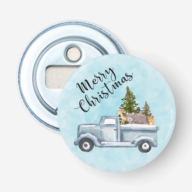 Christmas Truck with Pine Trees & Forest Animals Bottle Opener (Front)