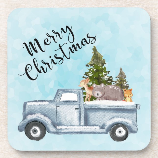 Christmas Truck with Pine Trees & Forest Animals Coaster (Front)