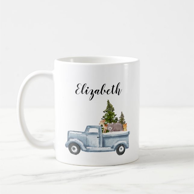 Christmas Truck with Pine Trees & Forest Animals Coffee Mug (Left)