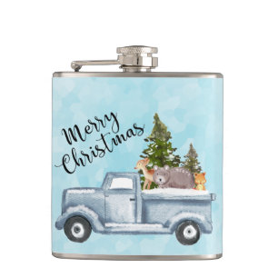 Christmas Truck with Pine Trees & Forest Animals Hip Flask
