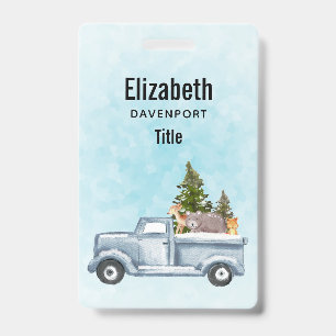 Christmas Truck with Pine Trees & Forest Animals ID Badge