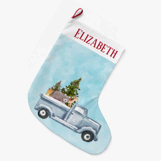 Christmas Truck with Pine Trees & Forest Animals Large Christmas Stocking (Front (Hanging))