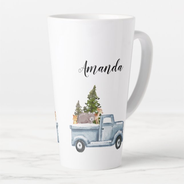 Christmas Truck with Pine Trees & Forest Animals Latte Mug (Right Angle)