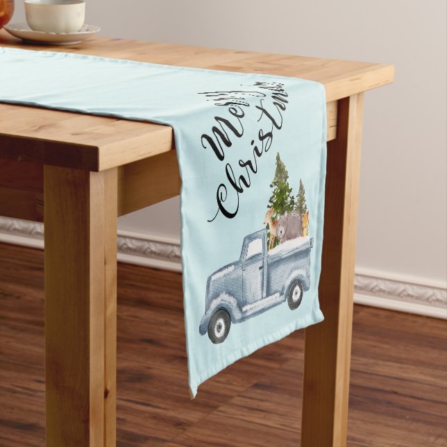 Christmas Truck with Pine Trees & Forest Animals Short Table Runner (In Situ)