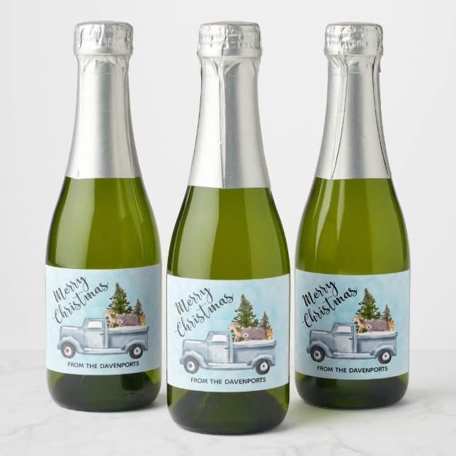 Christmas Truck with Pine Trees & Forest Animals Sparkling Wine Label (Bottles)