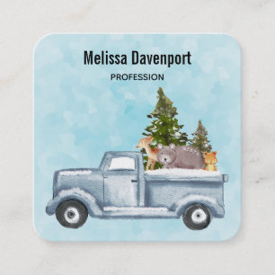 Christmas Truck with Pine Trees & Forest Animals Square Business Card