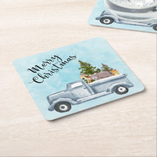Christmas Truck with Pine Trees & Forest Animals Square Paper Coaster
