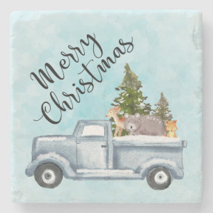 Christmas Truck with Pine Trees & Forest Animals Stone Coaster