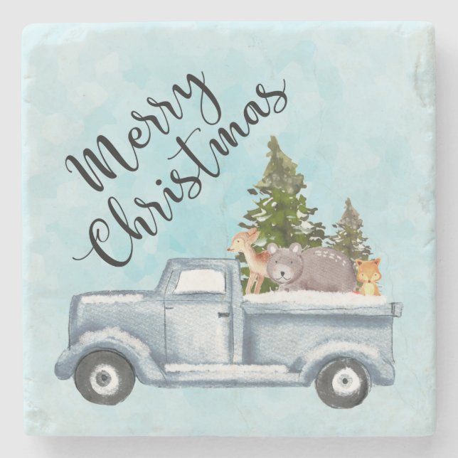 Christmas Truck with Pine Trees & Forest Animals Stone Coaster (Front)