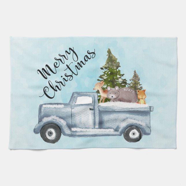 Christmas Truck with Pine Trees & Forest Animals Tea Towel (Horizontal)