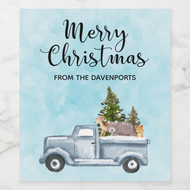 Christmas Truck with Pine Trees & Forest Animals Wine Label (Single Label)