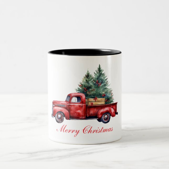 Christmas truck with tree2 Two-Tone coffee mug (Center)
