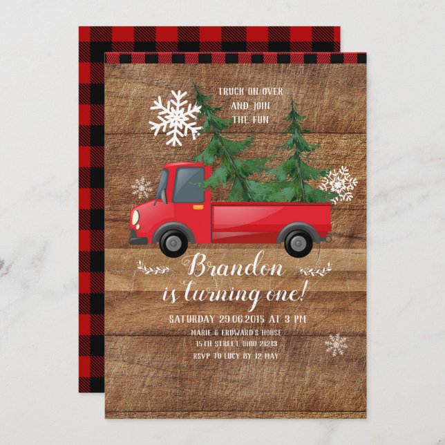 Christmas Truck Wood Red Plaid Birthday Invitation (Front/Back)