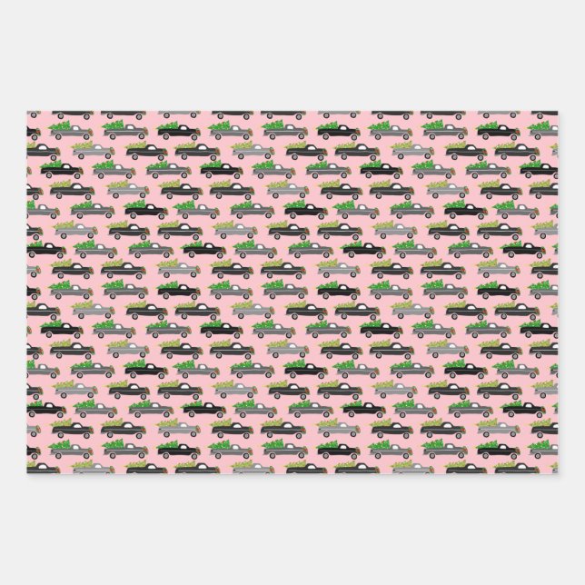 Christmas Trucks Xmas Trees Wreaths Grayscale Pink Wrapping Paper Sheet (Front)