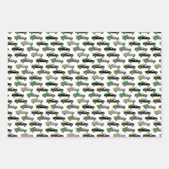 Christmas Trucks Xmas Trees Wreaths Grayscale Wrapping Paper Sheet (Front)