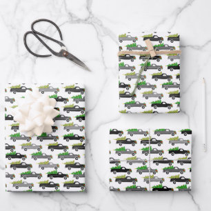Christmas Trucks Xmas Trees Wreaths Grayscale Wrapping Paper Sheet