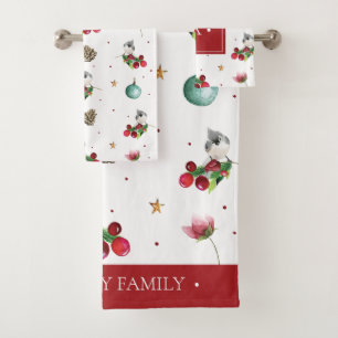 Christmas Tufted Titmouse Watercolor Winter Bird Bath Towel Set