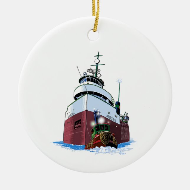 Christmas tug and freighter ceramic ornament (Front)