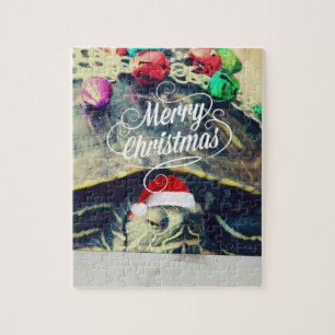 Christmas Turtle Faux Grunge Vintage Photography Jigsaw Puzzle