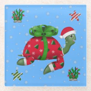 Christmas Turtle Glass Coaster