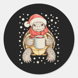 Christmas Turtle Santa Hat Coffee Winter Snow Xmas Classic Round Sticker