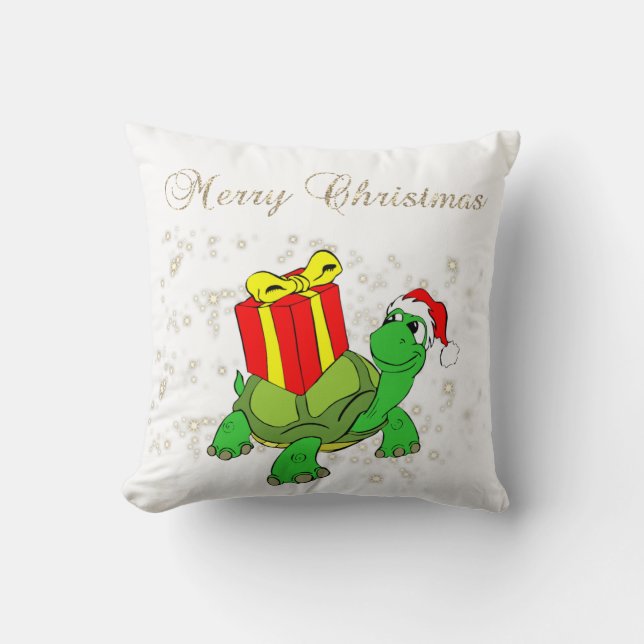 Christmas,Turtle,Santa Hat,Present,Sparkles,White Cushion (Front)
