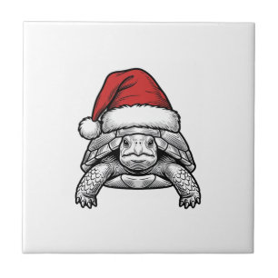 Christmas Turtle Santa Hat Vintage Engraving Desig Ceramic Tile