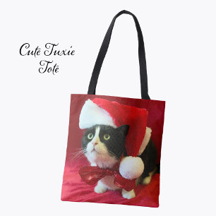 Christmas Tuxedo Cat in Santa Hat Tote Bag